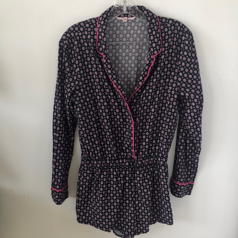Victoria's Secret Cotton Blend Soft Lounging Romper Black & Pink Print Sz XS EUC